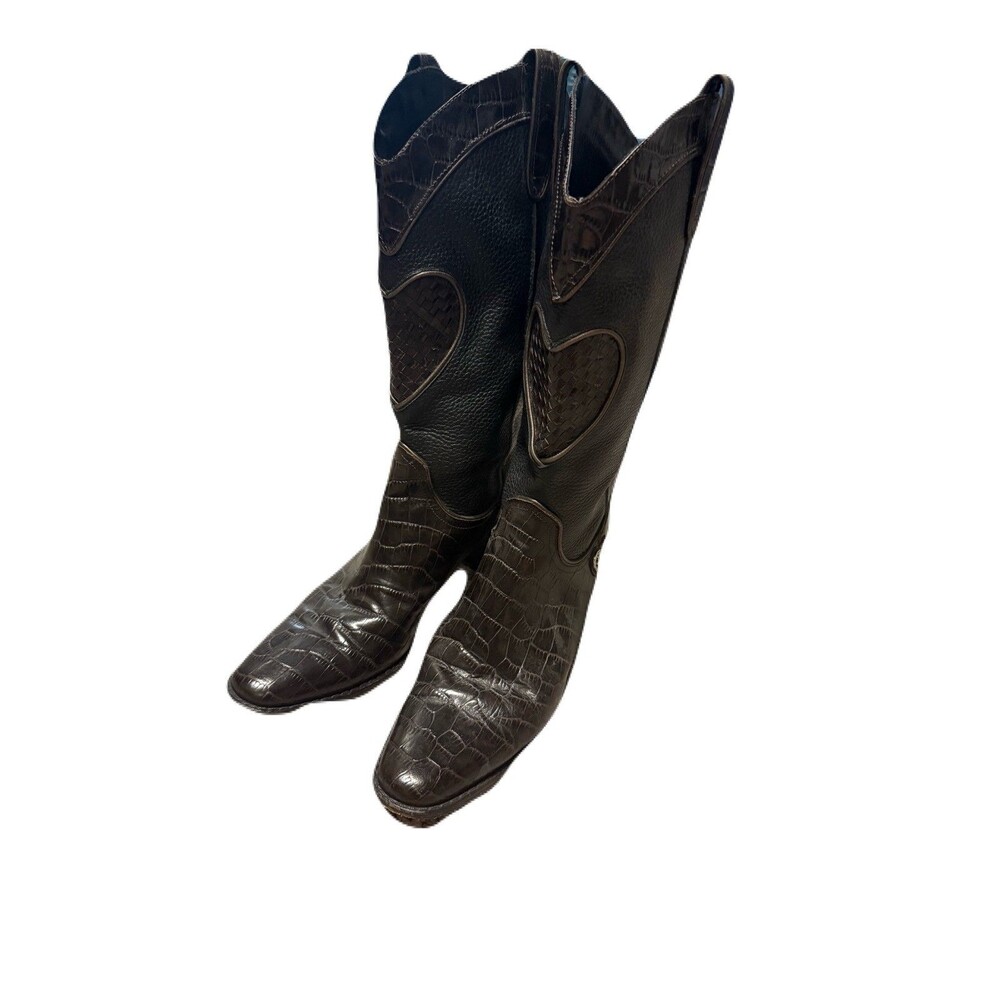 Brighton Toby Western Cowboy Boots Women’s 8 Brown Black Leather Croc Heart